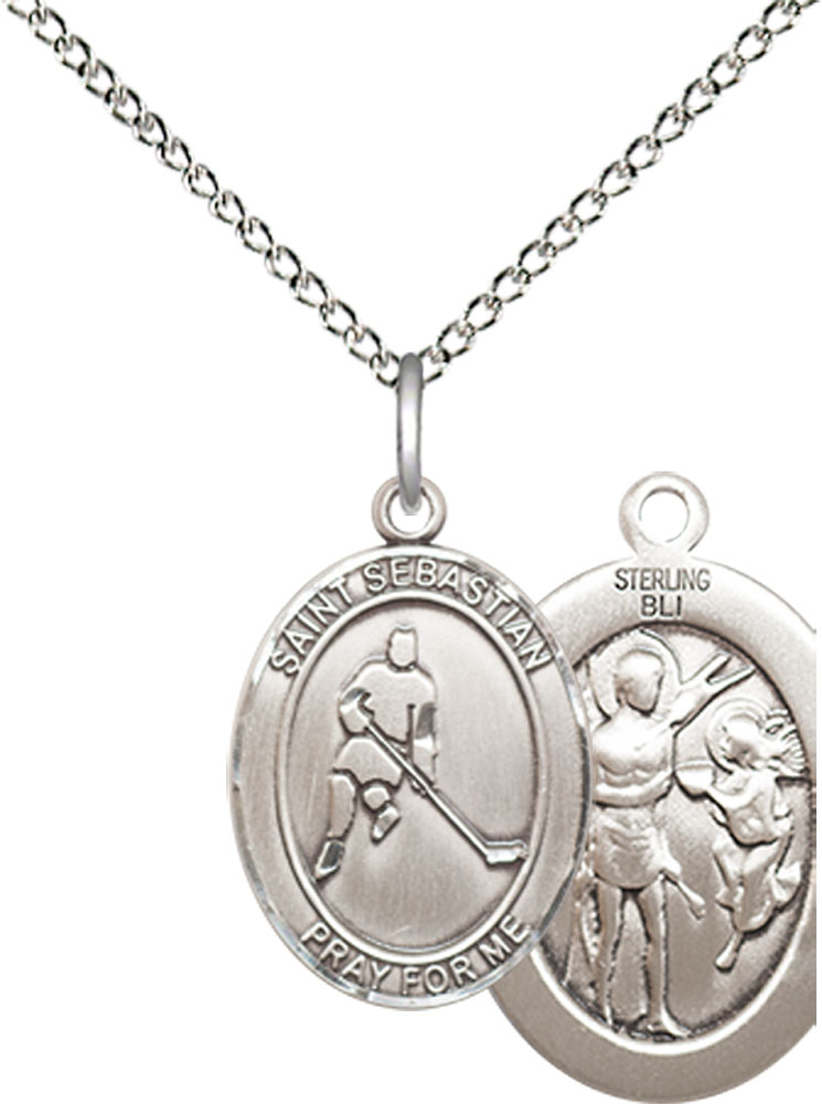 Sterling Silver Saint Sebastian Ice Hockey Pendant on a 18 inch Sterling Silver Light Curb chain