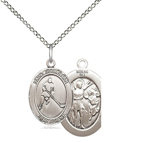 Sterling Silver Saint Sebastian Ice Hockey Pendant on a 18 inch Sterling Silver Light Curb chain