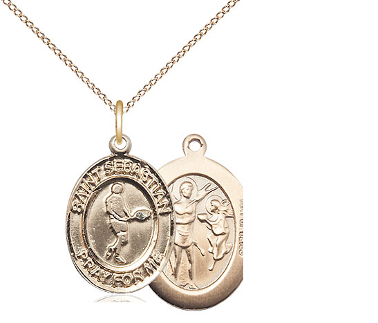 14kt Gold Filled Saint Sebastian Tennis Pendant on a 18 inch Gold Filled Light Curb chain