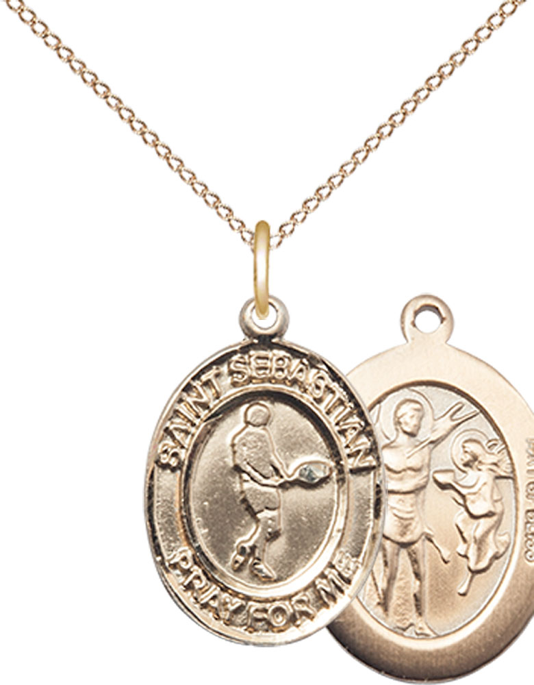 14kt Gold Filled Saint Sebastian Tennis Pendant on a 18 inch Gold Filled Light Curb chain