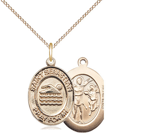 14kt Gold Filled Saint Sebastian Swimming Pendant on a 18 inch Gold Filled Light Curb chain