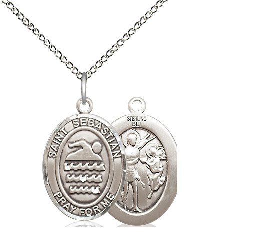 Sterling Silver Saint Sebastian Swimming Pendant on a 18 inch Sterling Silver Light Curb chain