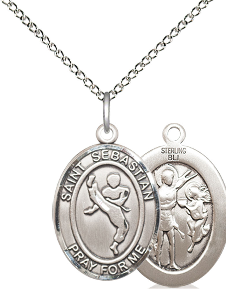 Sterling Silver Saint Sebastian Martial Arts Pendant on a 18 inch Sterling Silver Light Curb chain