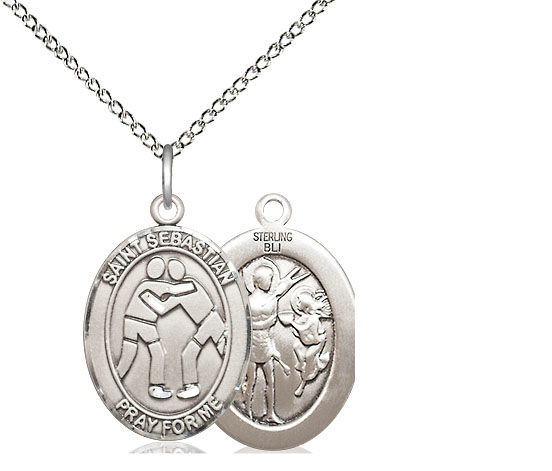 Sterling Silver Saint Sebastian Wrestling Pendant on a 18 inch Sterling Silver Light Curb chain