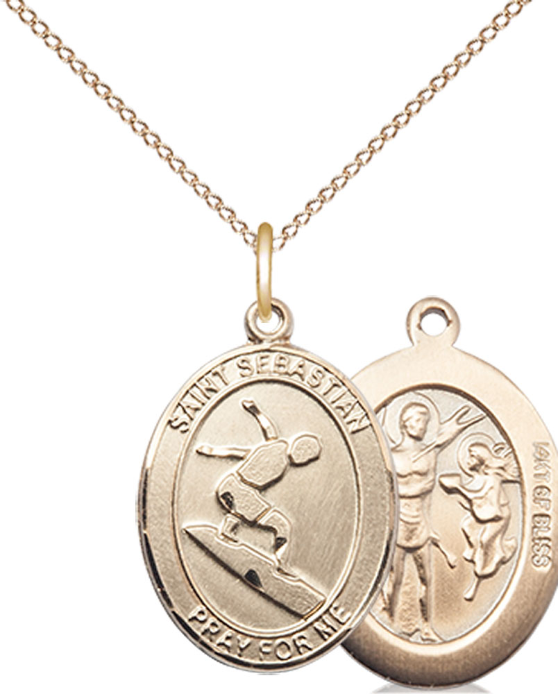 14kt Gold Filled Saint Sebastian Surfing Pendant on a 18 inch Gold Filled Light Curb chain