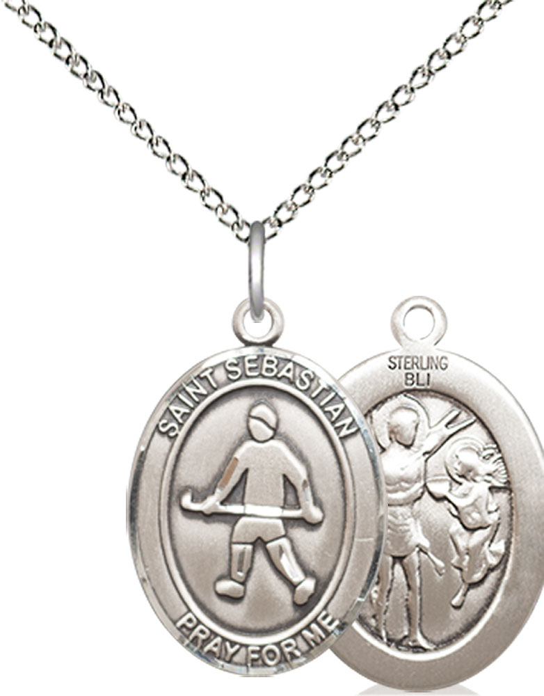 Sterling Silver Saint Sebastian Field Hockey Pendant on a 18 inch Sterling Silver Light Curb chain