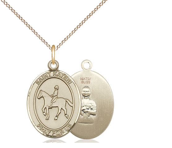 14kt Gold Filled Saint Kateri Equestrian Pendant on a 18 inch Gold Filled Light Curb chain