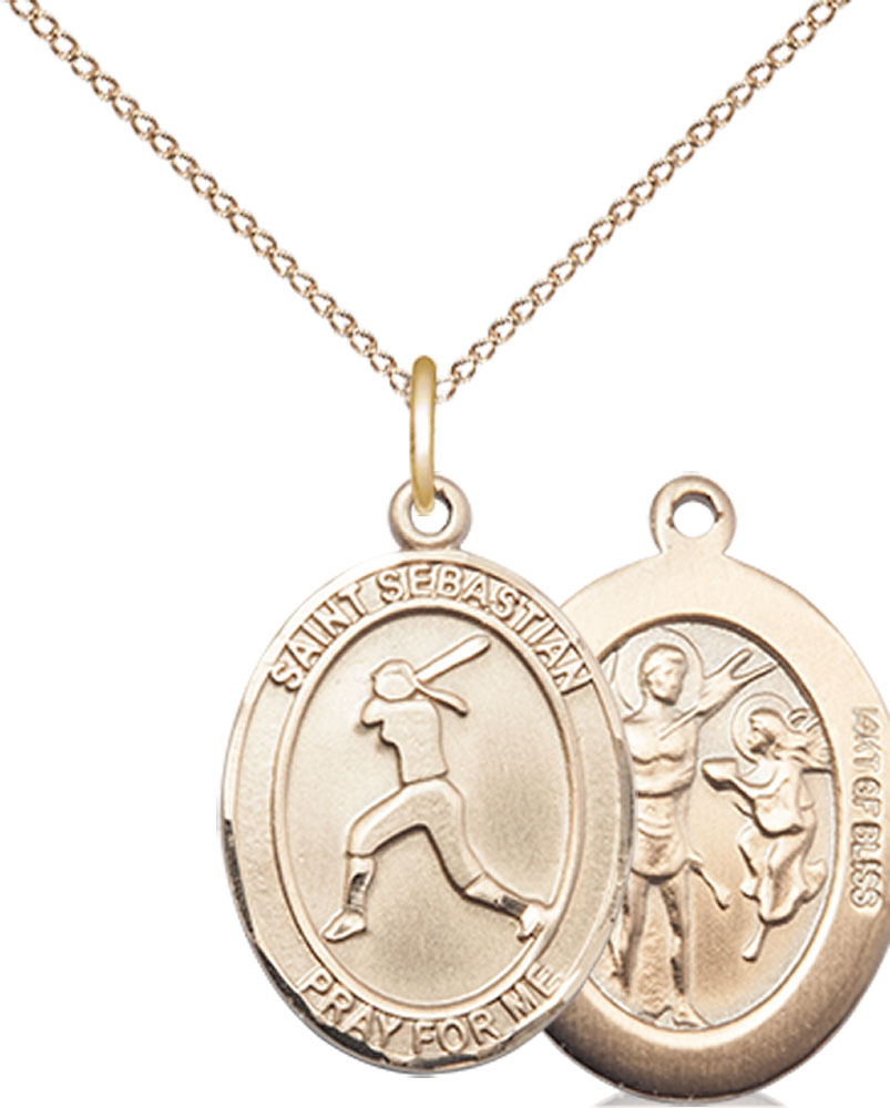 14kt Gold Filled Saint Sebastian  Softball Pendant on a 18 inch Gold Filled Light Curb chain