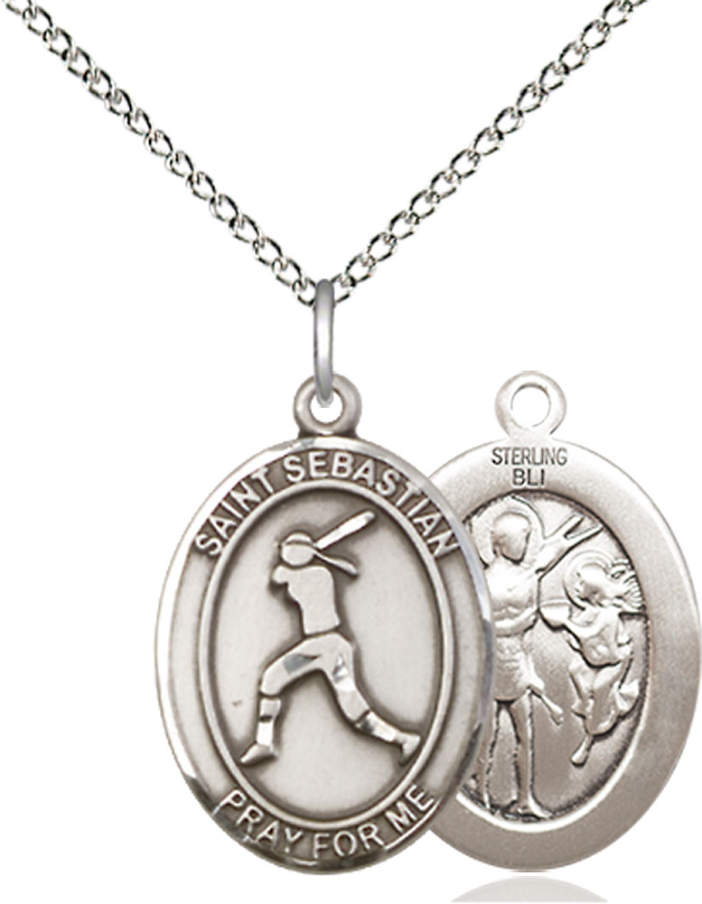 Sterling Silver Saint Sebastian  Softball Pendant on a 18 inch Sterling Silver Light Curb chain