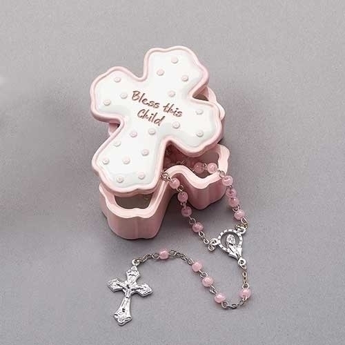 .75&quot;H Bless this Child Pink Box W/Rosary