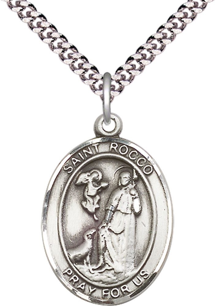 Sterling Silver Saint Rocco Pendant on a 24 inch Light Rhodium Heavy Curb chain