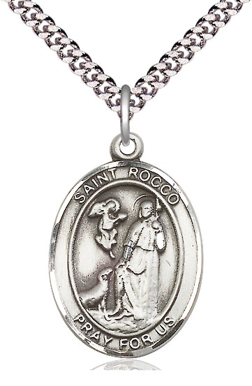 Sterling Silver Saint Rocco Pendant on a 24 inch Light Rhodium Heavy Curb chain
