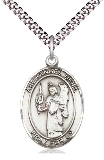 Sterling Silver Saint Uriel the Archangel Pendant on a 24 inch Light Rhodium Heavy Curb chain