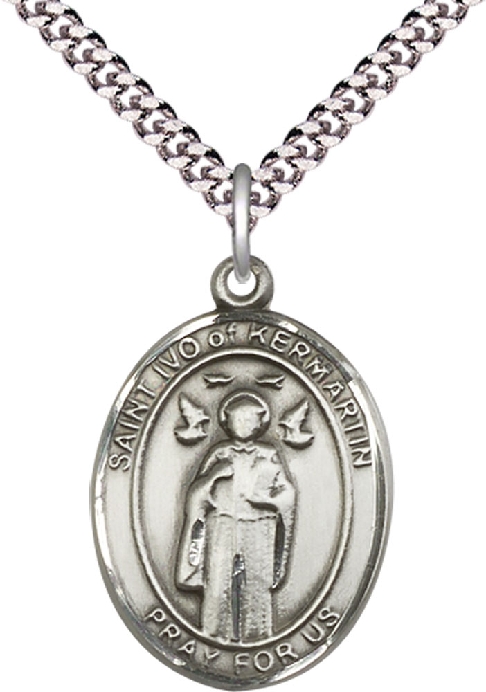 Sterling Silver Saint Ivo Pendant on a 24 inch Light Rhodium Heavy Curb chain