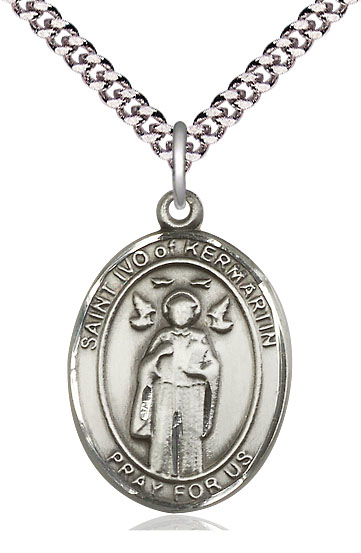 Sterling Silver Saint Ivo Pendant on a 24 inch Light Rhodium Heavy Curb chain