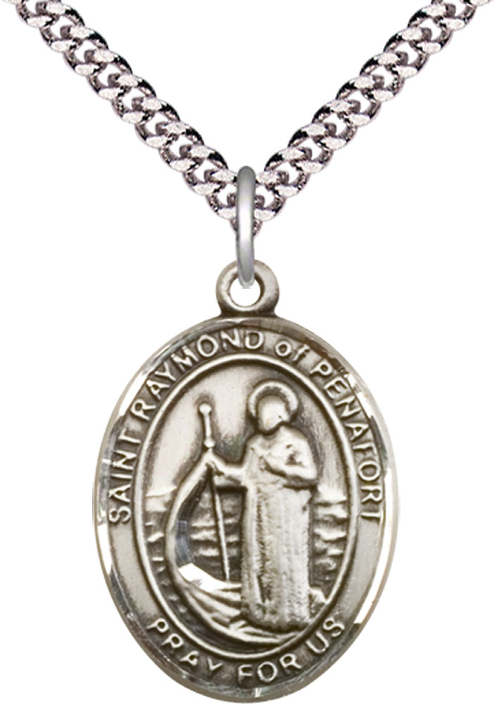 Sterling Silver Saint Raymond of Penafort Pendant on a 24 inch Light Rhodium Heavy Curb chain