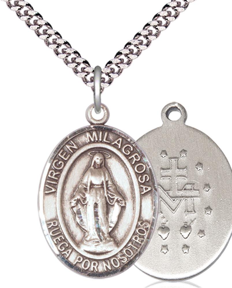 Sterling Silver Virgen Milagrosa Pendant on a 24 inch Light Rhodium Heavy Curb chain
