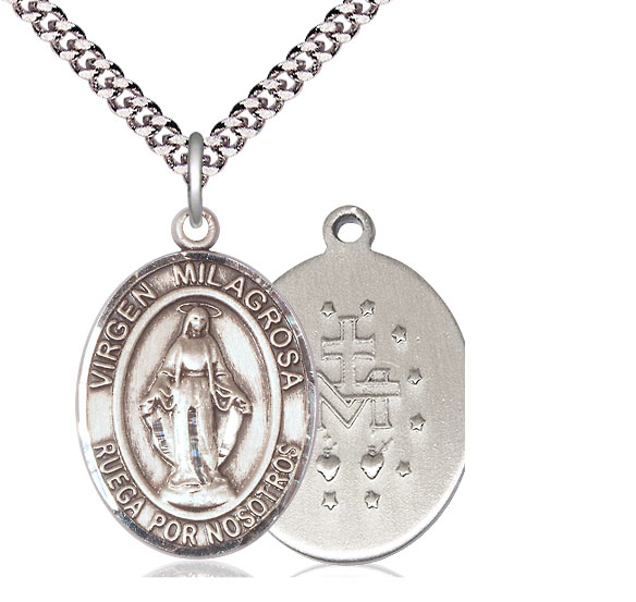 Sterling Silver Virgen Milagrosa Pendant on a 24 inch Light Rhodium Heavy Curb chain