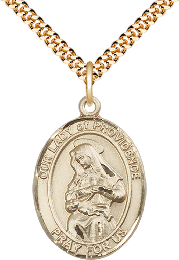 14kt Gold Filled Our Lady of Providence Pendant on a 24 inch Gold Plate Heavy Curb chain