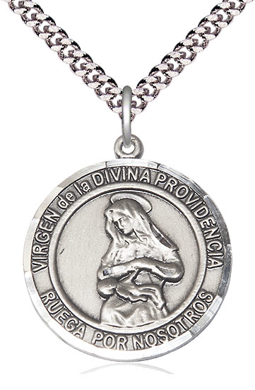 Sterling Silver Virgen Divina Providencia Pendant on a 24 inch Light Rhodium Heavy Curb chain