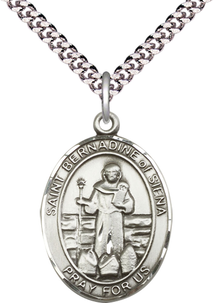 Sterling Silver Saint Bernadine of Sienna Pendant on a 24 inch Light Rhodium Heavy Curb chain