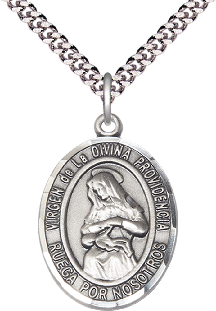 Sterling Silver Virgen de la Divina Pendant on a 24 inch Light Rhodium Heavy Curb chain