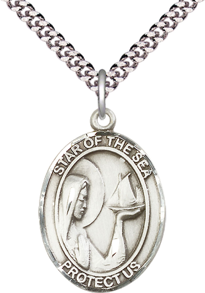 Sterling Silver Our Lady Star of the Sea Pendant on a 24 inch Light Rhodium Heavy Curb chain