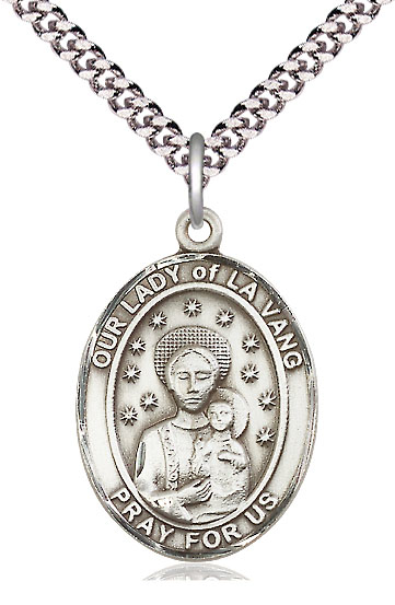 Sterling Silver Our Lady of la Vang Pendant on a 24 inch Light Rhodium Heavy Curb chain
