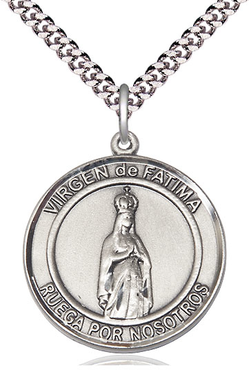 Sterling Silver Virgen de Fatima Pendant on a 24 inch Light Rhodium Heavy Curb chain