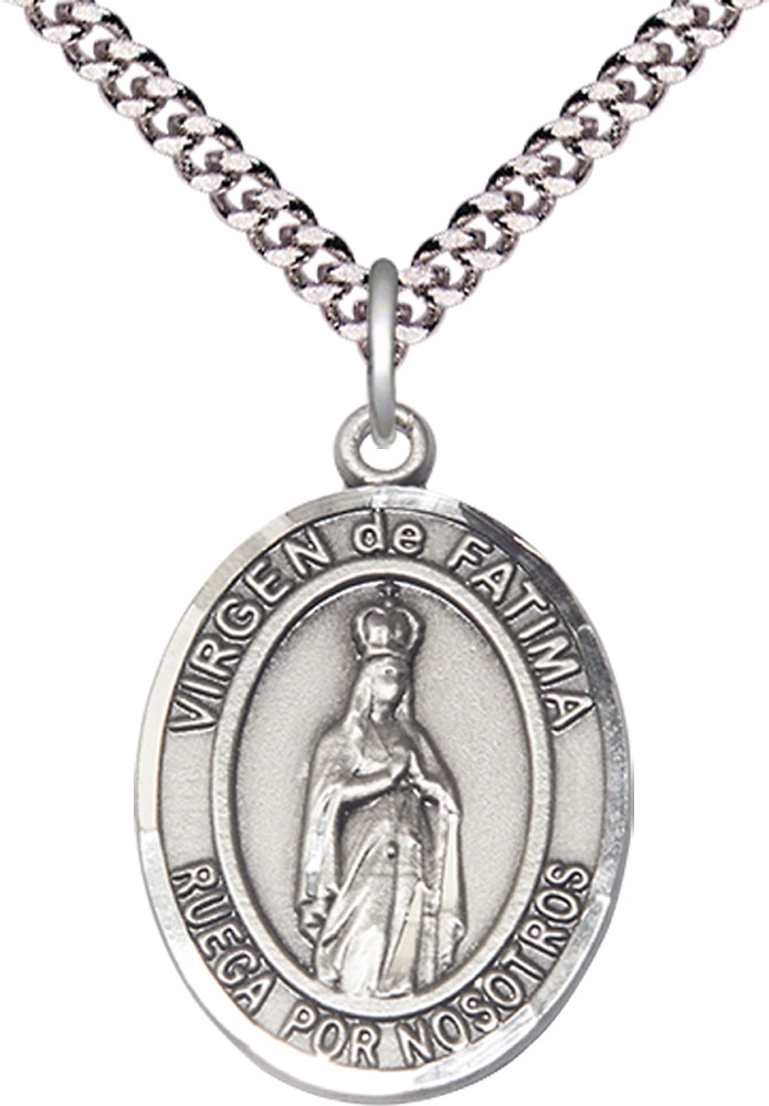 Sterling Silver Virgen de Fatima Pendant on a 24 inch Light Rhodium Heavy Curb chain