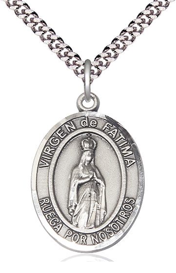 Sterling Silver Virgen de Fatima Pendant on a 24 inch Light Rhodium Heavy Curb chain