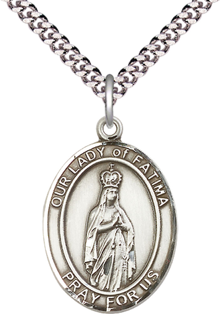 Sterling Silver Our Lady of Fatima Pendant on a 24 inch Light Rhodium Heavy Curb chain