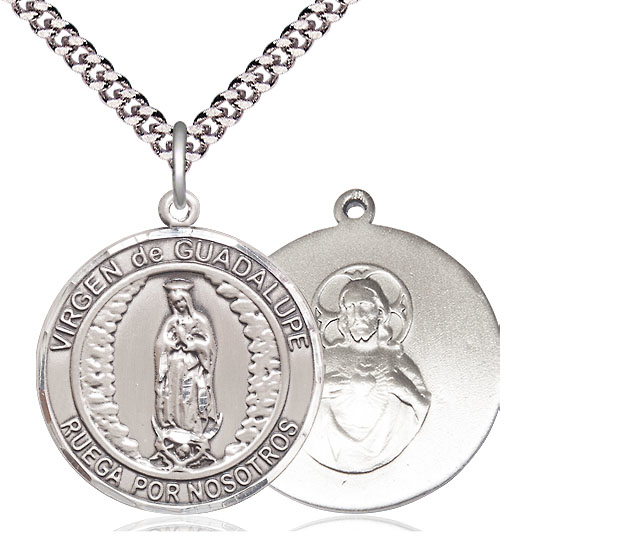 Sterling Silver Virgen de Guadalupe Pendant on a 24 inch Light Rhodium Heavy Curb chain