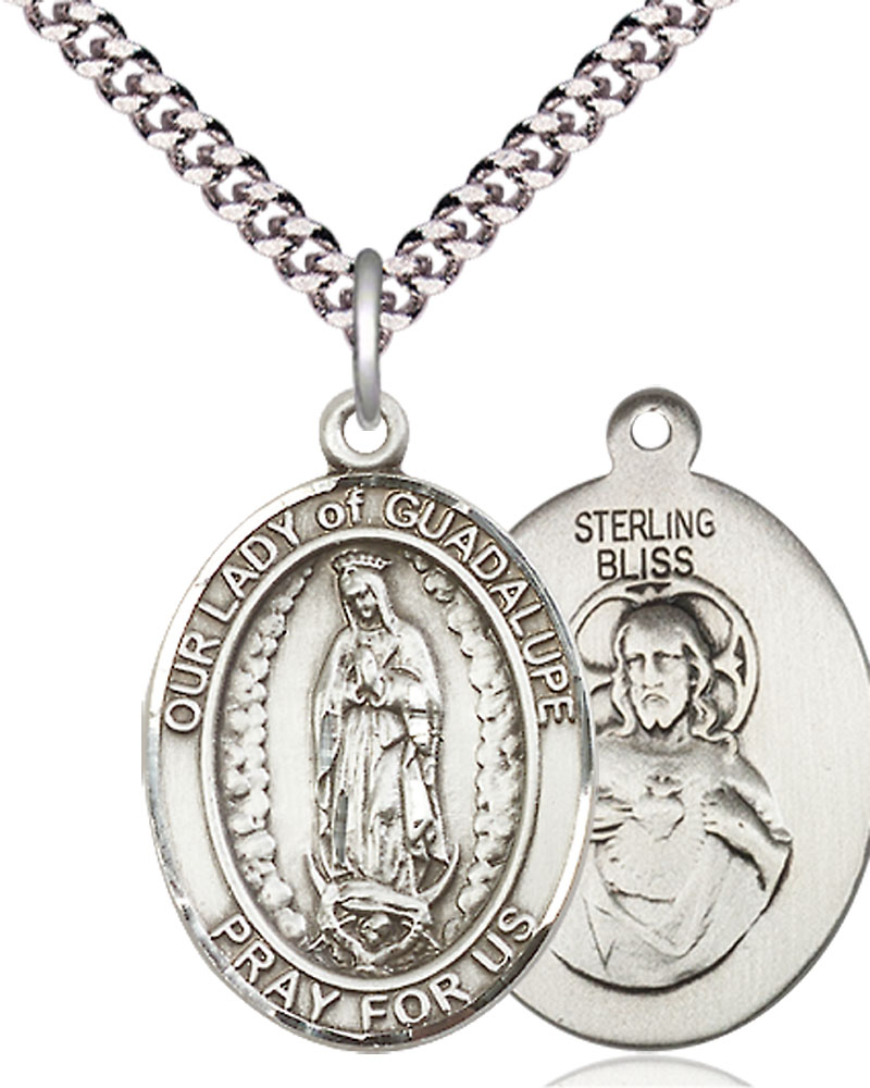 Sterling Silver Our Lady of Guadalupe Pendant on a 24 inch Light Rhodium Heavy Curb chain