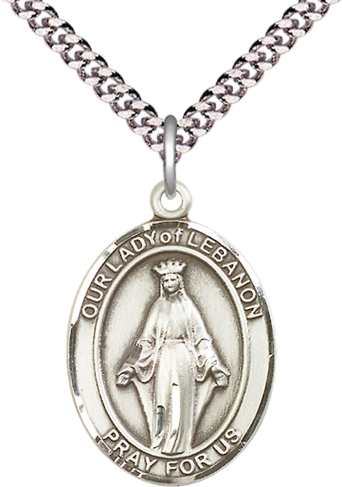 Sterling Silver Our Lady of Lebanon Pendant on a 24 inch Light Rhodium Heavy Curb chain