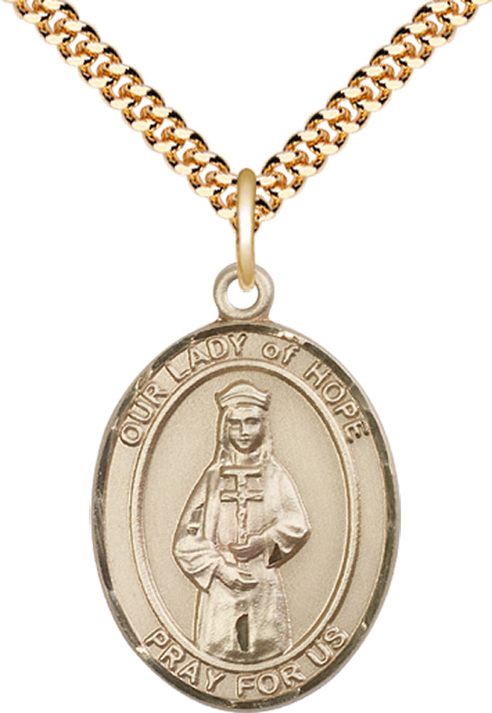 14kt Gold Filled Our Lady of Hope Pendant on a 24 inch Gold Plate Heavy Curb chain