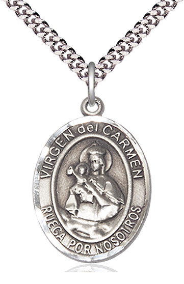 Sterling Silver Virgen del Carmen Pendant on a 24 inch Light Rhodium Heavy Curb chain