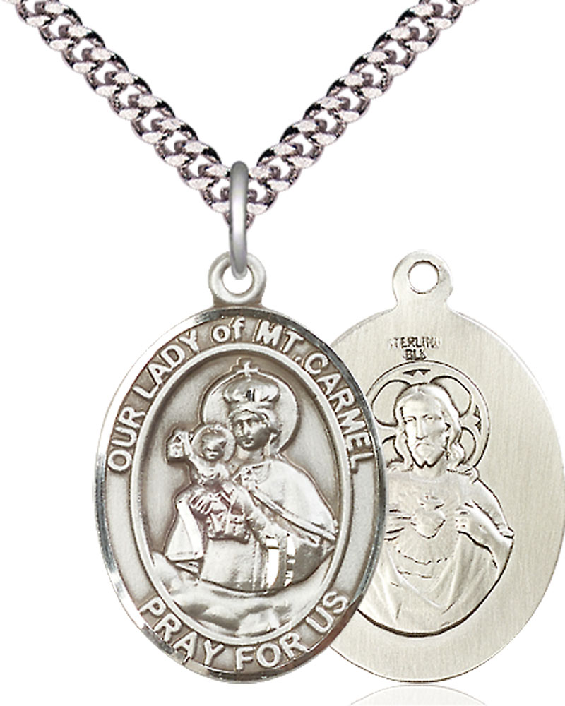 Sterling Silver Our Lady of Mount Carmel Pendant on a 24 inch Light Rhodium Heavy Curb chain