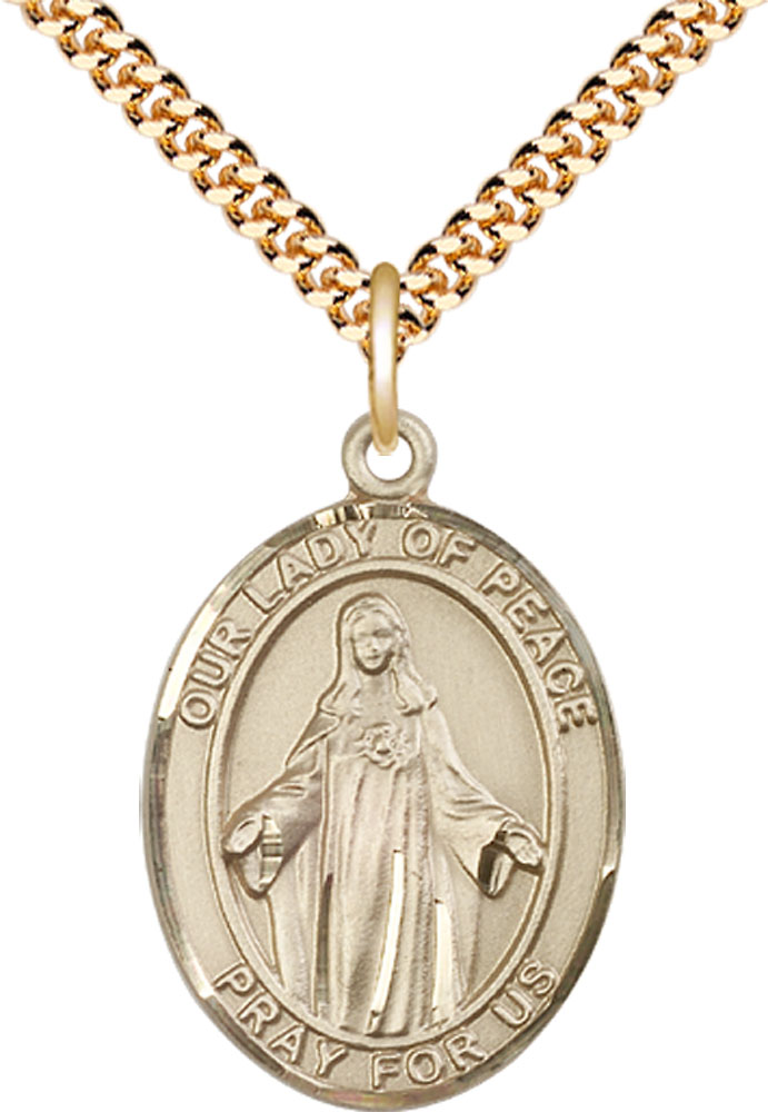 14kt Gold Filled Our Lady of Peace Pendant on a 24 inch Gold Plate Heavy Curb chain