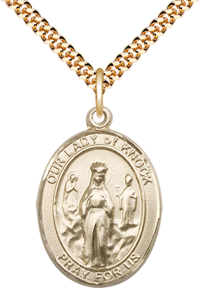 14kt Gold Filled Our Lady of Knock Pendant on a 24 inch Gold Plate Heavy Curb chain