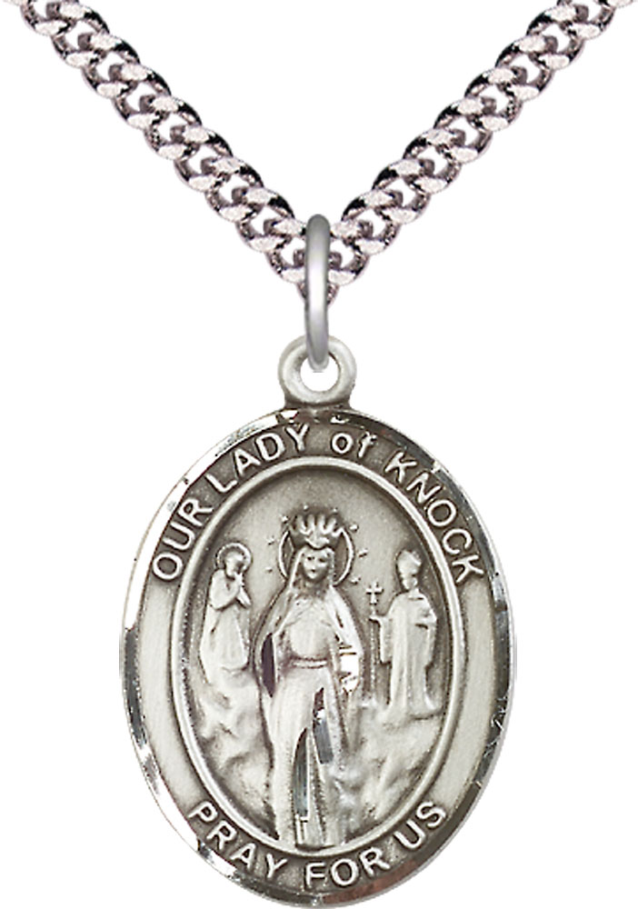 Sterling Silver Our Lady of Knock Pendant on a 24 inch Light Rhodium Heavy Curb chain