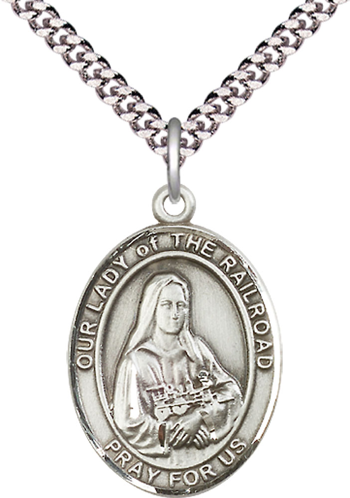 Sterling Silver Our Lady of the Railroad Pendant on a 24 inch Light Rhodium Heavy Curb chain