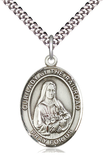 Sterling Silver Our Lady of the Railroad Pendant on a 24 inch Light Rhodium Heavy Curb chain