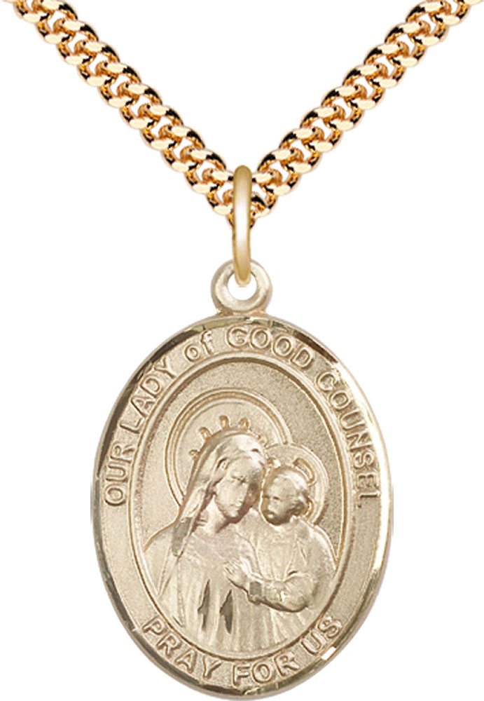 14kt Gold Filled Our Lady of Good Counsel Pendant on a 24 inch Gold Plate Heavy Curb chain