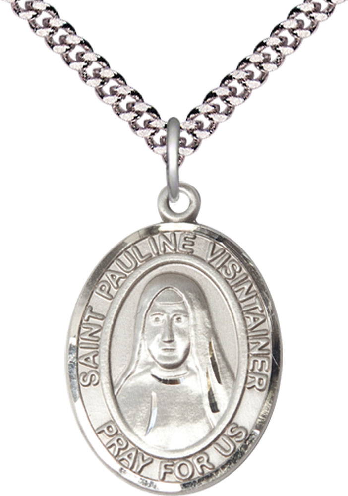 Sterling Silver Saint Pauline Visintainer Pendant on a 24 inch Light Rhodium Heavy Curb chain