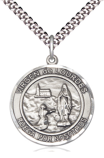 Sterling Silver Virgen de Lourdes Pendant on a 24 inch Light Rhodium Heavy Curb chain