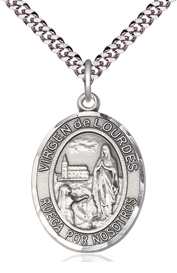Sterling Silver Virgen de Lourdes Pendant on a 24 inch Light Rhodium Heavy Curb chain