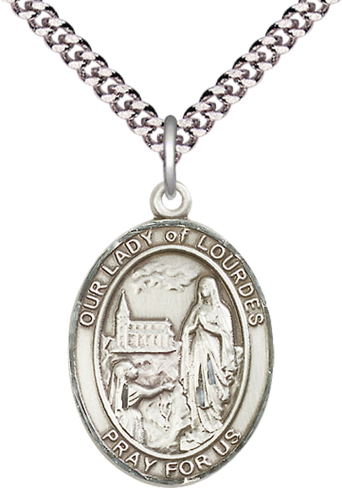 Sterling Silver Our Lady of Lourdes Pendant on a 24 inch Light Rhodium Heavy Curb chain