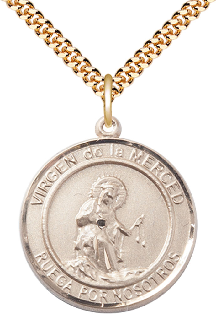 14kt Gold Filled Virgen de la Merce Pendant on a 24 inch Gold Plate Heavy Curb chain