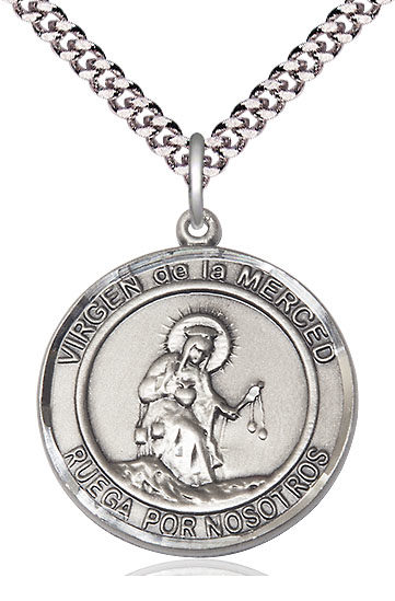Sterling Silver Virgen de la Merce Pendant on a 24 inch Light Rhodium Heavy Curb chain